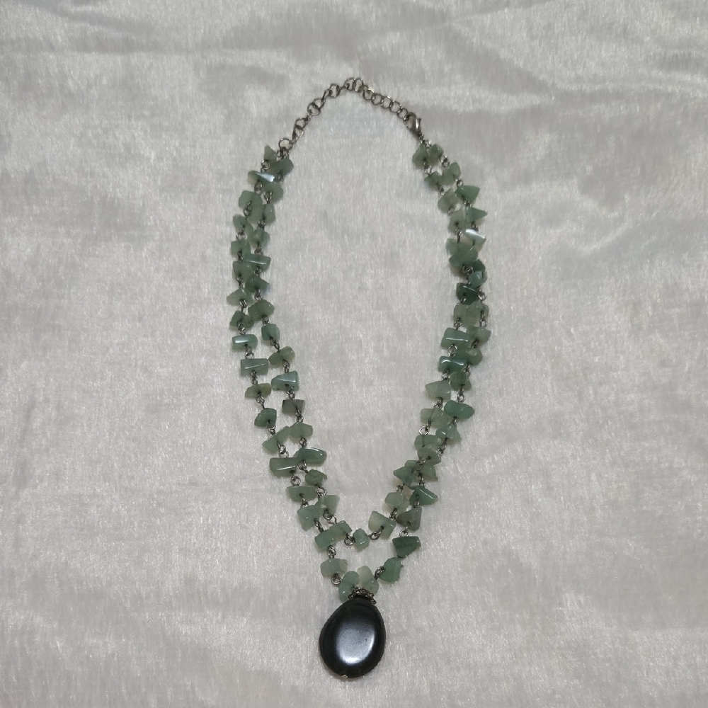 Green Stone Double Strand Necklace with Dark Pendant